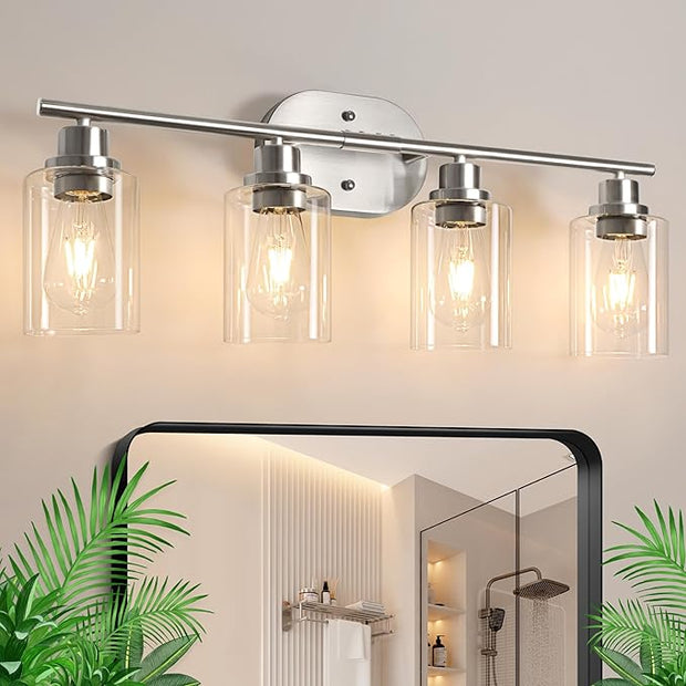 Ascher 4-Light Bathroom Light Fixtures, Modern Vanity Lights with Clear Glass Shade, Brushed Nickel Wall Lamp for Bathroom Mirror Hallway Cabinet Porch