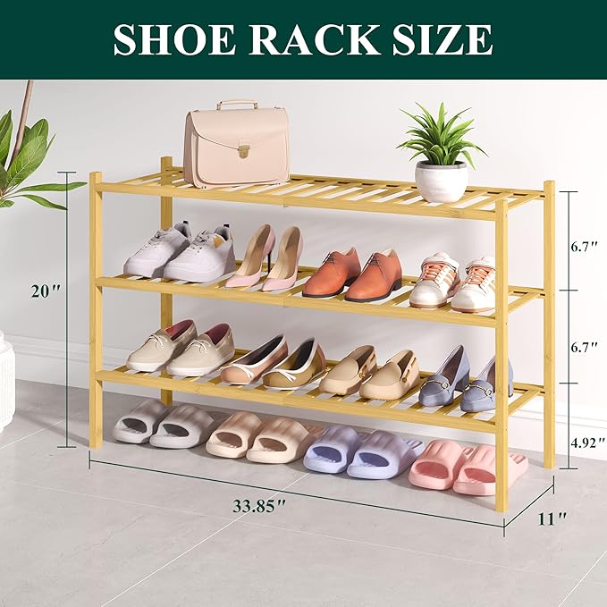 Smiry Bamboo Shoe Rack for Closet, 3 Tier Long Wooden Stackable Shoe Organizer, Free Standing Shoes Storage Shelf for Entryway, Front Door Entrance, Natural