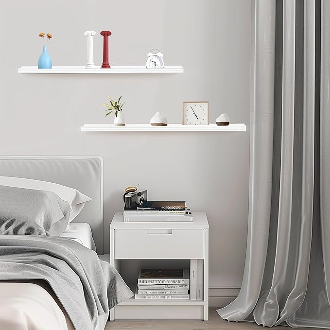Muzilife 35.4 Inch Large Floating Shelves - Set of 2 Rustic Wood Floating Shelves - Wall Mounted Long Picture Ledge for Bathroom, Bedroom, Living Room, White, U Shape