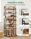 8 Tiers Widened Vertical Shoe Rack, Narrow Shoe Tower, Tall Shoes Shelf with 2 Hooks, Adjustable Shelves, Corner Shoes Shelves for Small Spaces, Entryway, Living Room, Rustic Brown SR12501B