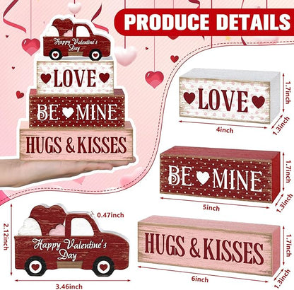 Marsui 4 Pcs Valentine's Day Decorations Truck Wooden Signs Rustic Distressed Table Decor Valentines Centerpieces Blocks Farmhouse Tiered Tray Decor Happy Valentine Day Decorations for Home Desk Shelf