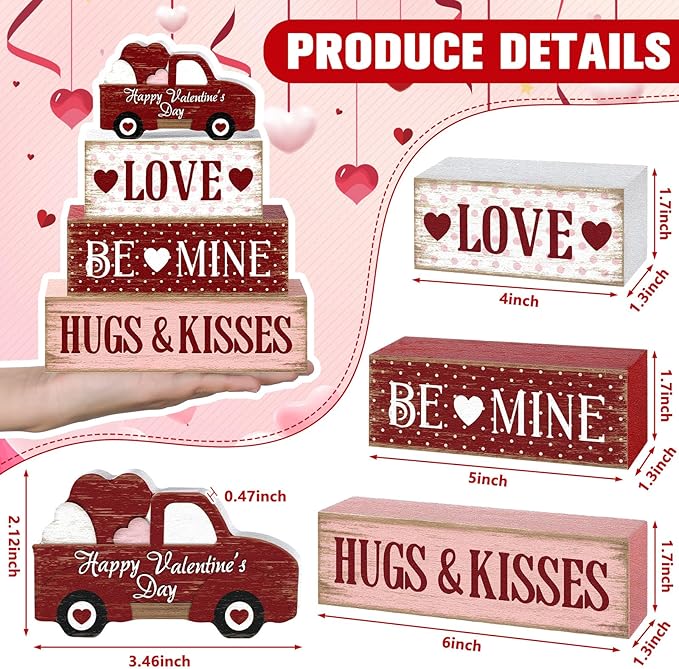 Marsui 4 Pcs Valentine's Day Decorations Truck Wooden Signs Rustic Distressed Table Decor Valentines Centerpieces Blocks Farmhouse Tiered Tray Decor Happy Valentine Day Decorations for Home Desk Shelf