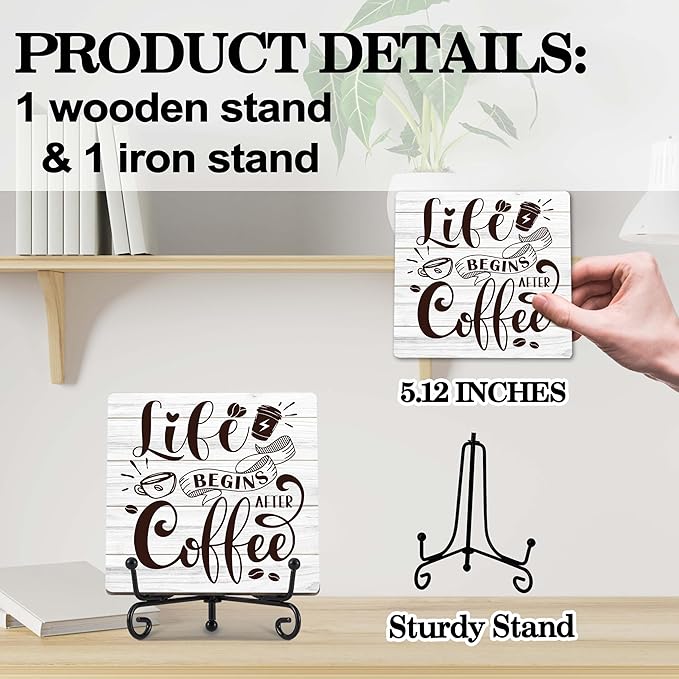 Coffee Bar Decor, Farmhouse Kitchen Table Decor, Coffee Station Accessories, Wooden Decorative Sign with Iron Stand for Table Desk Shelf Display-E21