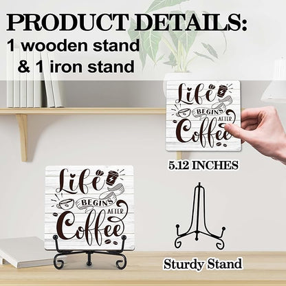 Coffee Bar Decor, Farmhouse Kitchen Table Decor, Coffee Station Accessories, Wooden Decorative Sign with Iron Stand for Table Desk Shelf Display-E21