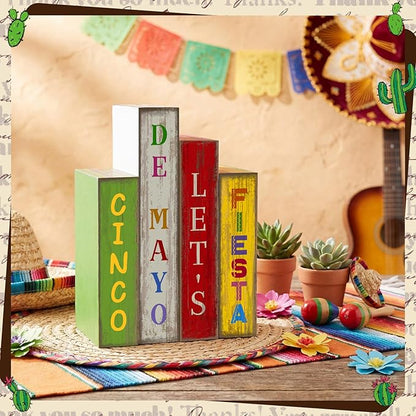 4 Pcs Cinco De Mayo Decor Wooden Books Stack Mexican Table Decorations Rustic Fiesta Tiered Tray Decor Sombrero Cactus Red Chili Centerpiece for Fiesta Mexican Birthday Party Decoration