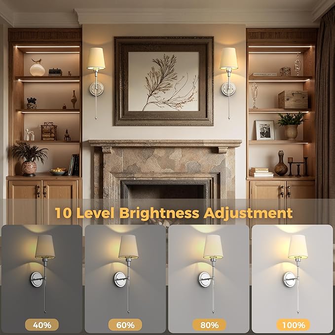DORESshop Battery Operated Wall Sconce Set of 2, Wall Light Wireless Easy Install, Dimmable and Adjustable Sconce Wall Decor, Rechargeable Wall Lamp for Bedroom, Living Room, Chrome and Glass 24.6in