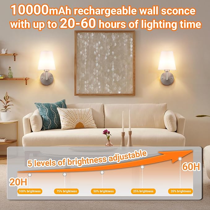 Battery Operated Wall Sconces Set of 2, Wireless Wall Light with 10000mAh RGB Dimmable Magnetic Bulb, Rechargeable Wall Sconce with Remote Control for Bedroom Living Room