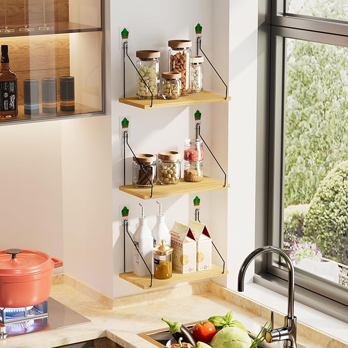 Elevate Your Space with Rustic Wood Floating Shelves Set of 3- Perfect for Bedroom, Living Room, Bathroom, and Kitchen Decor - Easy Installation, No Drilling Needed!