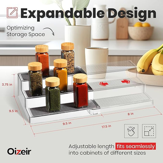 Oizeir Expandable Spice Organizer Rack (2-PACK) - 3-Tier - Clear Adjustable Tiered Shelf Spices Organization for Kitchen Cabinet and Pantry Storage