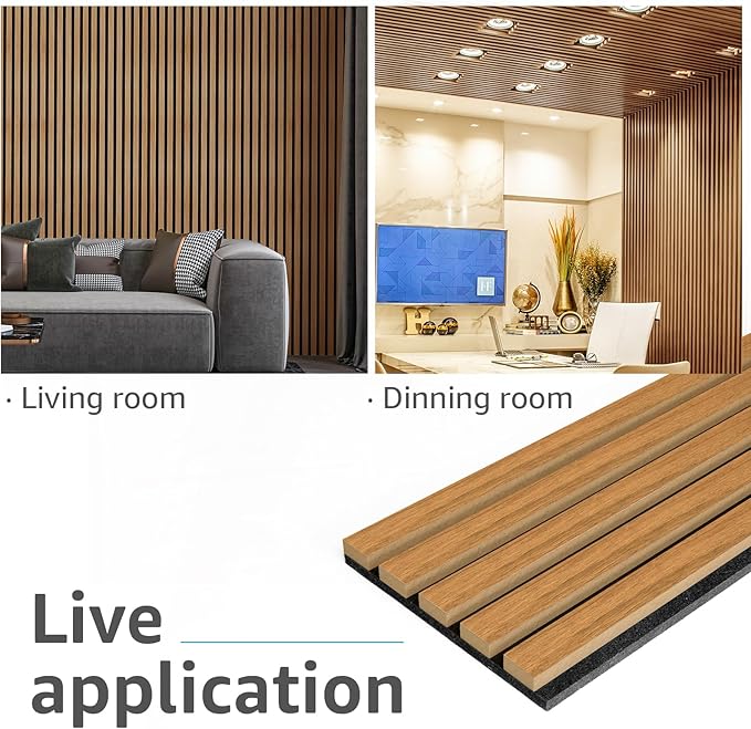 Art3d 4-Pack Acoustic Wood Slat Wall Panels for Interior Decor, 3D Fluted Sound Absorbing Wood Paneling for Accent Wall Ceiling Kitchen Living Room Bedroom Office, 94.5 x 7.9 inch Warm Teak