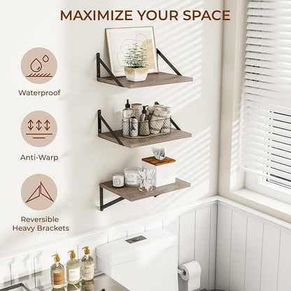 Heimlove Deep Floating Shelves for Wall, 12 Inch Deep Floating Shelves Set of 3, 16W x 12D Wood Wall Shelves, Wide Wood Shelves with Metal Bracket for Living Room, Kitchen, Office, Bedroom - Grey