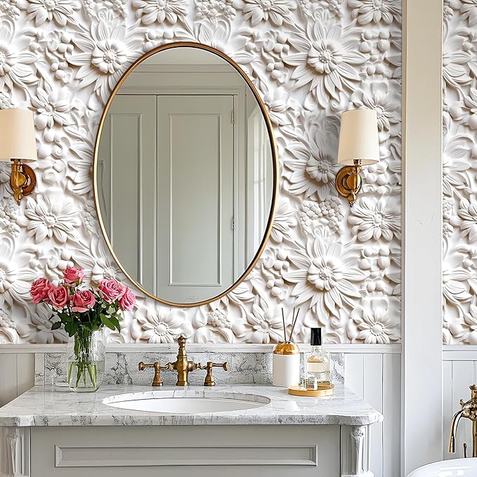 17.5x475 Off White Contact Paper Peel and Stick Floral Wallpaper White Paintable Baroque Art Deco Flower Wall Mural Wallpaper 3D Embossed Wall Paper Peel and Stick Modern for Bathroom Ceiling