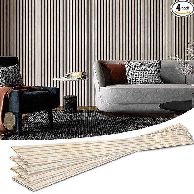 Art3d 4-Piece Wood Slat Acoustic Panels for Stylish Decor and Noise Reduction, 3D Textured Panel for Ceiling and Wall, White Elm