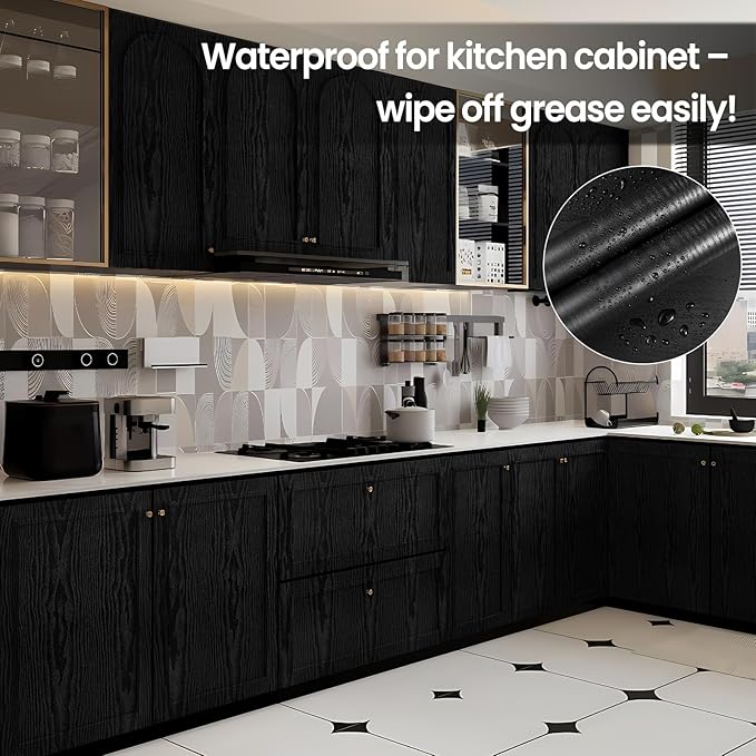 COSNIGHT Black Peel and Stick Wallpaper, Wood Grain Contact Paper Self Adhesive 15.7'' x 196'' Vinyl Wrap, Removable Wall Paper for Kitchen Countertop, Cabinet, Drawer, Shelf Liner