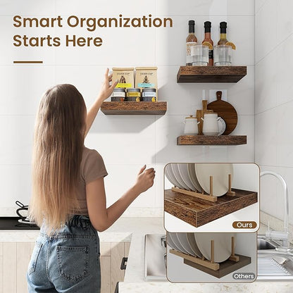Square Floating Shelves for Wall, 9.25"W x 9.25"D x 1.25"H, 3 Pack Small Wall Mounted Engineered Wood Shelves with Invisible Brackets for Living Room, Bedroom, Bathroom, Kitchen Decor, Rustic Brown