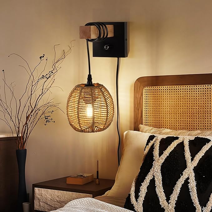 N01 Plug in Dimmable Wall Sconces Hanging Boho Rattan Wall Lamp Farmhouse Stepless Wall Sconce Woven Wall Lamp Hardwired Wall Lights for Living Room Bedroom Bedside Hallway (Bulb Included)