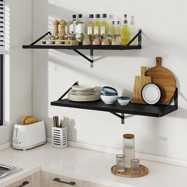 Floating Shelves, 12 Inch Deep Rustic Wood Wall Storage, 36W x 12D Wall Shelves Set of 2, Heavy Duty Metal Brackets, Large Industrial Book Shelf for Living Room, Kitchen, Bedroom, Black