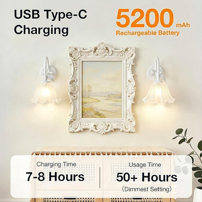 Battery Operated Cordless Flower Wall Sconce Set of 2 (White), Stepless Dimming Magnetic Wireless Wall Lamp, 5200mAh Rechargeable Battery, for Living Room Bedroom Hallway Corridor