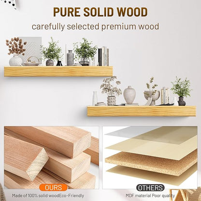 32 Inch Picture Ledge Shelf with Lip,Floating Shelves for Wall, Set of 2 Solid Pine Wood Shelves with Invisible Brackets, Wall Storage for Living Room, Bedroom, Kitchen, Bathroom(Nature Wood)