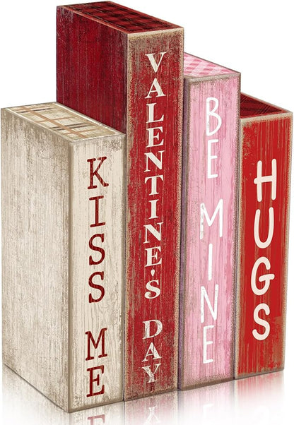 4 Pcs Valentines Day Decoration Wooden Book Valentine's Day Table Decoration Pink Red and White Valentines Tiered Tray Decor Wood Book Sign Farmhouse for Wedding Home Shelf Coffee Table