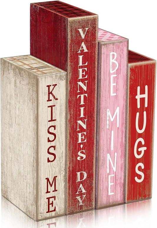 4 Pcs Valentines Day Decoration Wooden Book Valentine's Day Table Decoration Pink Red and White Valentines Tiered Tray Decor Wood Book Sign Farmhouse for Wedding Home Shelf Coffee Table