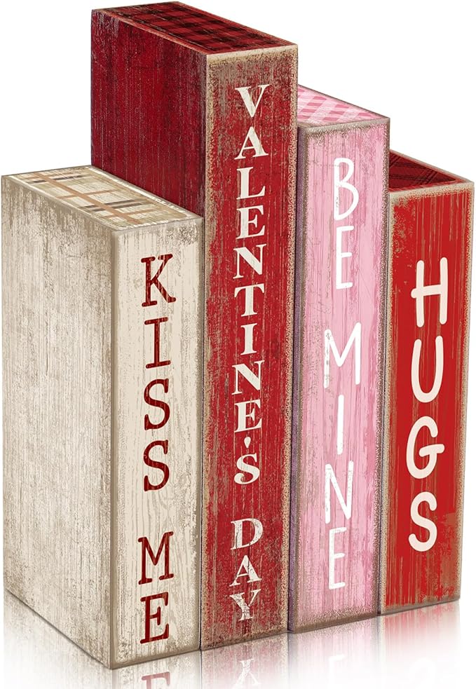 4 Pcs Valentines Day Decoration Wooden Book Valentine's Day Table Decoration Pink Red and White Valentines Tiered Tray Decor Wood Book Sign Farmhouse for Wedding Home Shelf Coffee Table