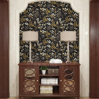 Black Gold Wallpaper Peel and Stick Dark Floral Wallpaper 17.5in x 118in Vintage Leaf Contact Paper Vinyl Waterproof Self Adhesive Boho Botanical Wall Paper for Bedroom Cabinet Décor