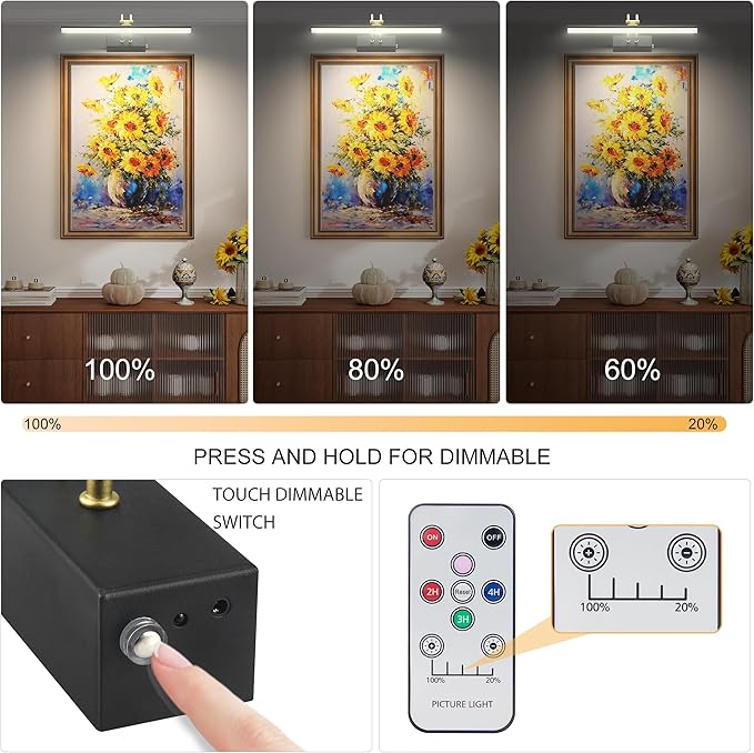 Picture Light,Picture Lights for Wall Cordless,16" Picture Lights with Timer and Dimmable,Battery Wall Lights for Display Gallery Painting Art Frame Portrait-BK+GD
