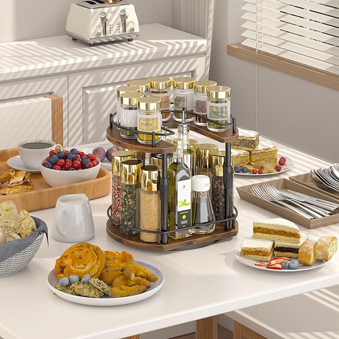 Lazy Susan Spice Rack Organizer For Cabinet With Adjustable Height, 12 inch Rotating Countertop Seasoning Organizer For Tall Bottle, 2-Tier Spining Turntable Spice Holder For Pantry