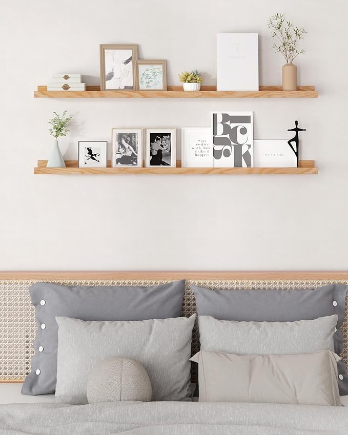 Axeman Oak Picture Ledge Shelf, 48 Inch Floating Shelves Set of 2, Solid Oak Wood Wall Shelves with Lip, Wall Decor Storage for Bedroom Living Room Bathroom Kitchen Nursery Photo Picture, Natural Oak