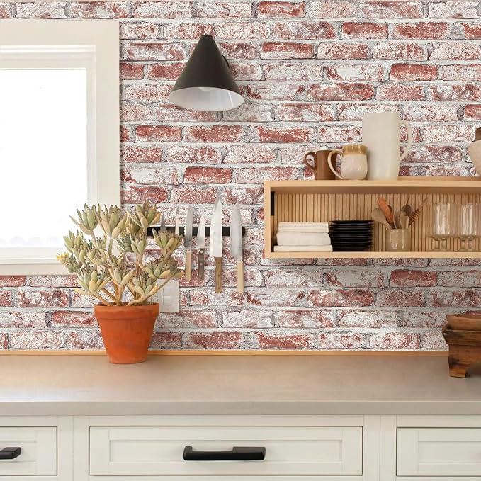 Sevalo Red Brick Wallpaper Peel and Stick Contact Paper for Walls 3D Faux Brick Contact Paper Self-Adhesive Removable Wallpaper for Bedroom Kitchen Backsplash Dorm Room Fireplace Accent 17.3inW 393inL