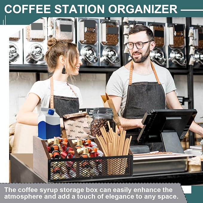 Coffee Station Organizer for Countertop, All in One No Assembly Wood Coffee Creamer Bar Holder with Iron Mesh, Office Tea Bar Accessories Gift for New Home Birthday(Dark Brown,Classical)