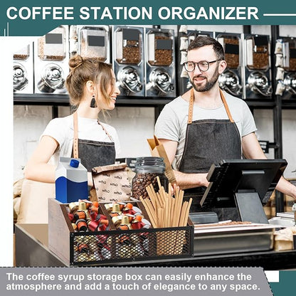 Coffee Station Organizer for Countertop, All in One No Assembly Wood Coffee Creamer Bar Holder with Iron Mesh, Office Tea Bar Accessories Gift for New Home Birthday(Dark Brown,Classical)