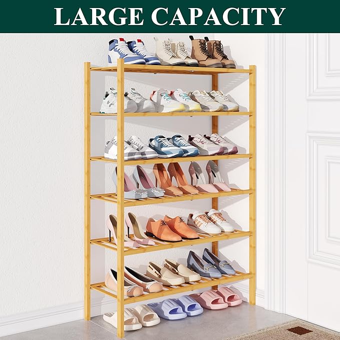 Smiry Bamboo Shoe Rack for Closet, 6 Tier Wooden Stackable Shoe Organizer, Free Standing Shoes Storage Shelf for Entryway, Front Door Entrance, Natural