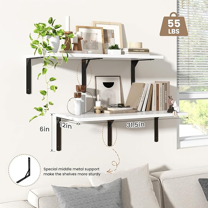 Fun Memories Floating Shelves for Wall, 12 Inch Deep Floating Shelves Set of 2, Wall Mounted Shelf with Metal Brackets, Rustic Wood Wide Shelf for Bathroom, Kitchen and Living Room, White, 32W x 12D