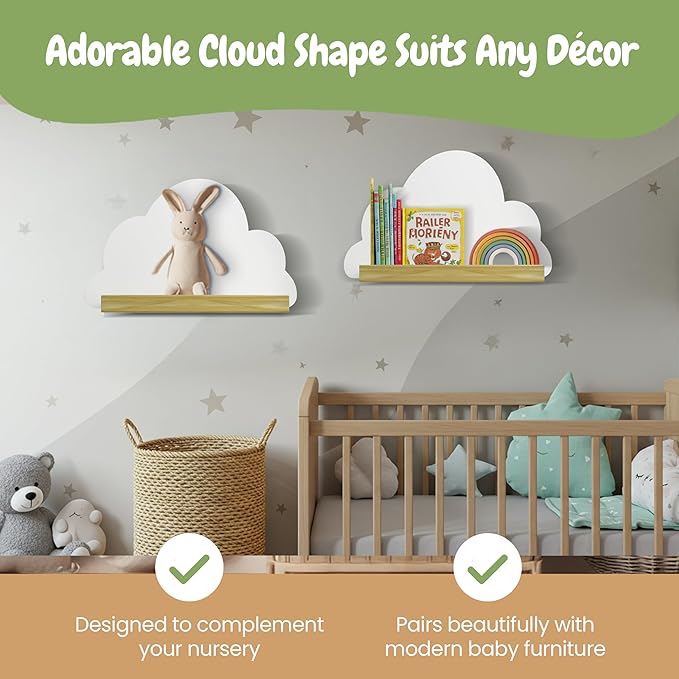 Cloud Shelves 2-Piece Set – White Floating Wall Shelf for Home Décor, Scalloped Wavy Bookshelf for Bedroom, Playful Wall Accent and Multipurpose Display Storage