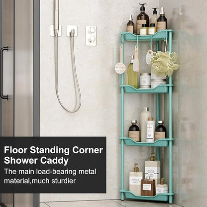 Orimade Rustproof 4 Tier Floor Standing Corner Shower Caddy Organizer, Plastic Metal Splicing Floor Corner Shelf Rack Stands for Bathroom, Blue