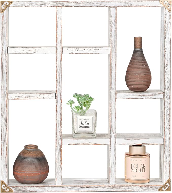 17.7x15.7-Inch Shadow Box Shelf 9-Slot Rustic Floating Shelves Larger Wall Mounted Shelf Lightweight Solid Wood Display Shelf Freestanding Farmhouse(9C-Rustic White)
