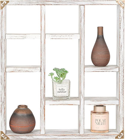 17.7x15.7-Inch Shadow Box Shelf 9-Slot Rustic Wood Floating Shelves Larger Shelf Lightweight Solid Wood Display(Set of 2,9C-Rustic White)