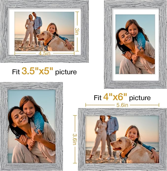 Vittanly 4x6 Picture Frame Set of 4, Display Pictures 3.5x5 with Mat or 4x6 without Mat, Engineered Wood with Shatter Resistant Plexiglass, Small Photo Frames for Wall or Tabletop Display, Grey