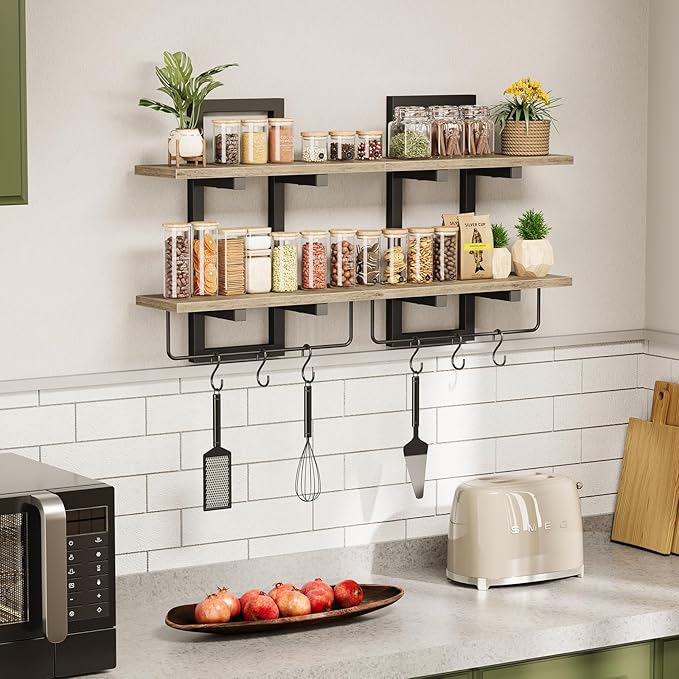 Floating Shelves, 15" Wall Shelf Set of 2, Hanging Bathroom Shelves 2-Tier, Wall Mounted Storage Shelves, for Living Room Bedroom Bathroom Kitchen Office Coffee Bar, Greige
