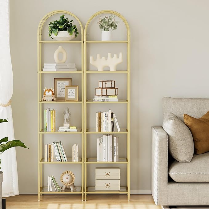 Homhedy Bookshelf Arched Display Racks,Metal Bookcase,Tempered Glass Shelves,Storage Rack Shelf for Home Office,Living Room,Bedroom, Bathroom,Modern Style (Golden, 11.8