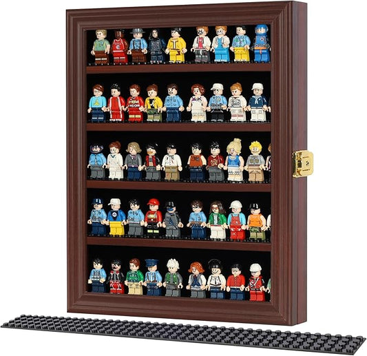 Block Toy Minifigures Dimensions Display Case Thimble Wall Cabinet Shelves Compatible with Challenge Coin Lockalbe UV Protection Door (Small - Mahogany Frame)