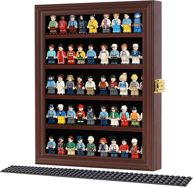 Block Toy Minifigures Dimensions Display Case Thimble Wall Cabinet Shelves Compatible with Challenge Coin Lockalbe UV Protection Door (Small - Mahogany Frame)