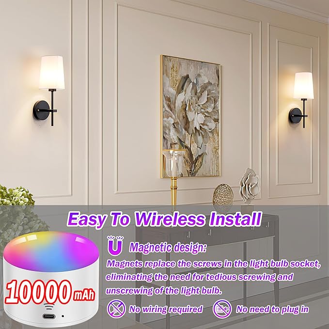 Battery Operated Wall Sconce Set of 2, Wireless Dimmable Battery Powered Wall Lamp with Remote Control, White Fabric Shade for Bedroom, Easy To Install, 3 Color Temp Bulb Included