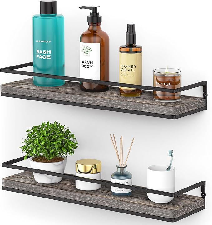 Meangood Floating Shelves Wall Mounted Set of 2, Rustic Wood Wall Storage Shelves for Bedroom,Living Room,Bathroom, Kitchen Pine