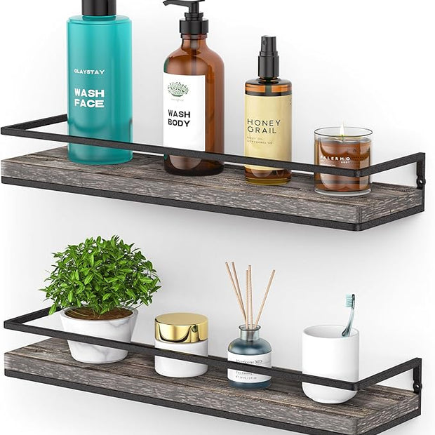Meangood Floating Shelves Wall Mounted Set of 2, Rustic Wood Wall Storage Shelves for Bedroom,Living Room,Bathroom, Kitchen Pine