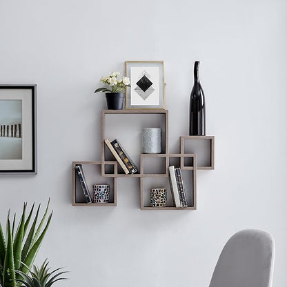 Danya B. Decorative Wall Mount Floating Intersecting Cube Accent Wall Shelf (Weathered Oak)
