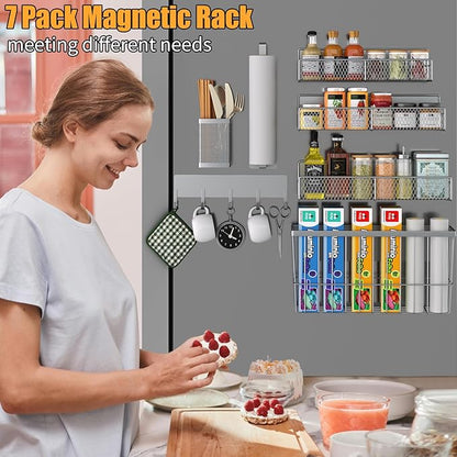 Magnetic Spice Rack for Refrigerator, 7 Pack Metal Magnetic Shelf, Moveable Magnetic Storage Fridge Organizer Grey, Spice Organizer, Hook Rack, Paper Towel Holder, Cutting Board Holder, HM5471