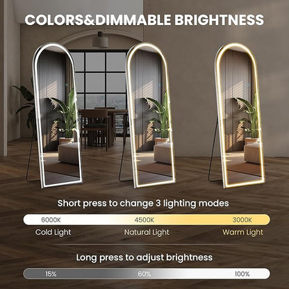 OLIXIS 20"×63" Arched Full Length Mirror with Light, LED Floor Full Body Mirror with 3 Color Lighting